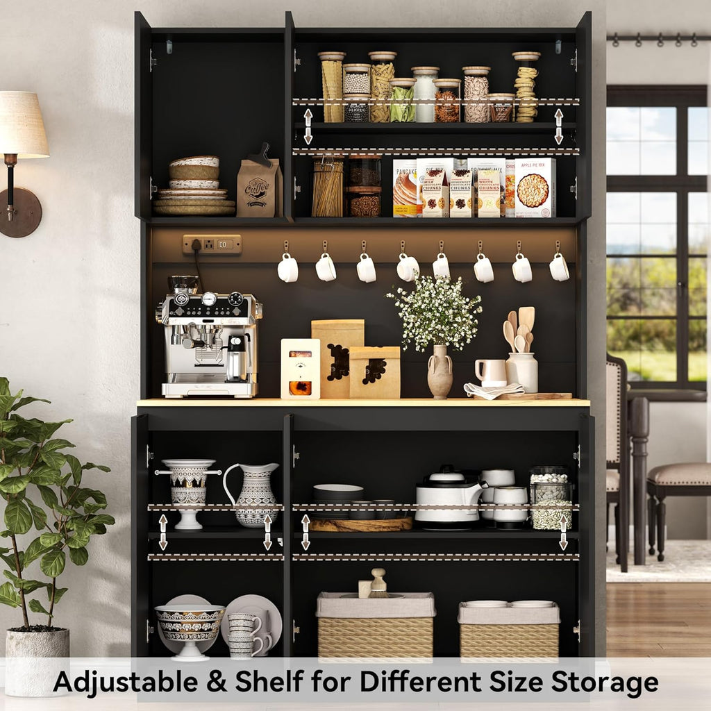 71" Black Kitchen Pantry with Power Outlet & LED Light, Large Kitchen Hutch Cabinet with Adjustable Shelf, Modern