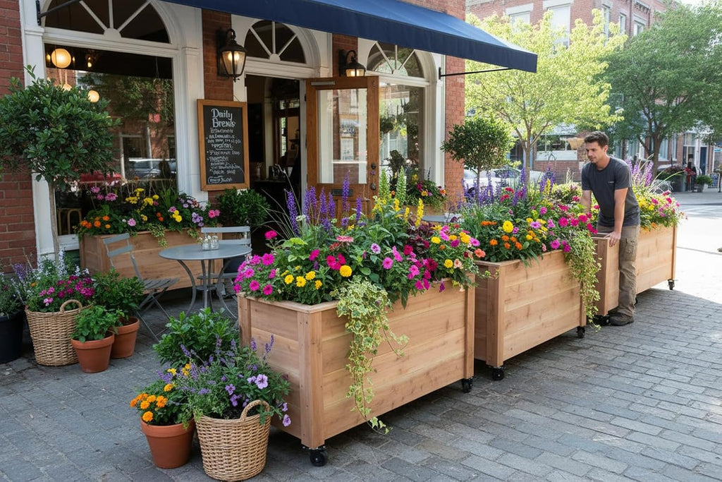 Tall Cedar Planter Box with Locking Wheels - Mobile Raised Garden Bed, Balcony & Business Entrances - Wooden Planter