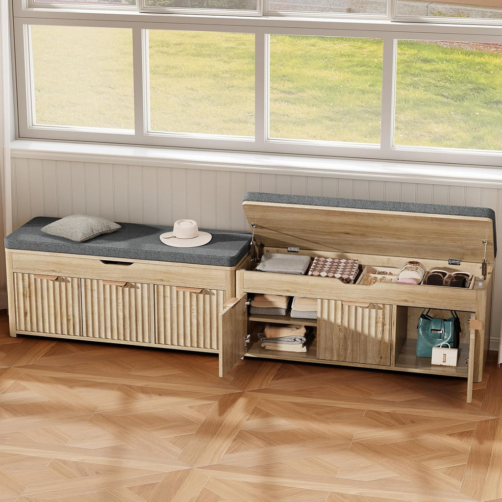 37.4" W Shoe Bench with Storage, Lift Top Entryway Bench, Natural | 2-Tier Adjustable Shoe Rack with Cushioned Seat