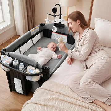 4 in 1 Portable Baby Playard, Baby Bedside Crib, Grey | Foldable Pack and Play w/Bassinet, Newborn Changing Table