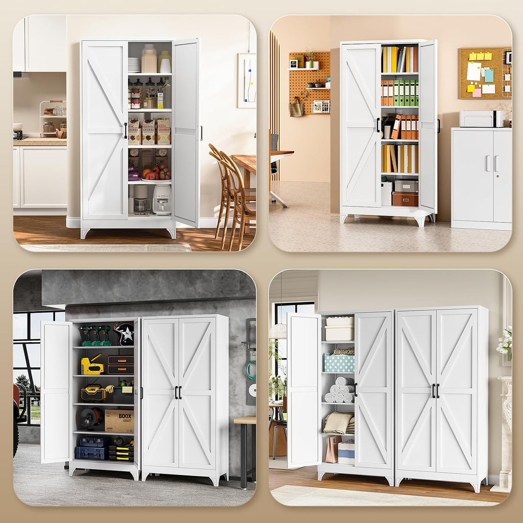 Metal Storage Cabinet with Doors and 4 Adjustable Shelves - 75" White Kitchen Pantry Storage,4-Tier Tall Steel