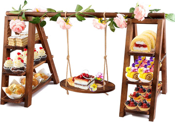 3 Tier Wooden Cupcake Stand with Swing and Flower Decoration | Large Dessert Stands with Serving Tray, Removable