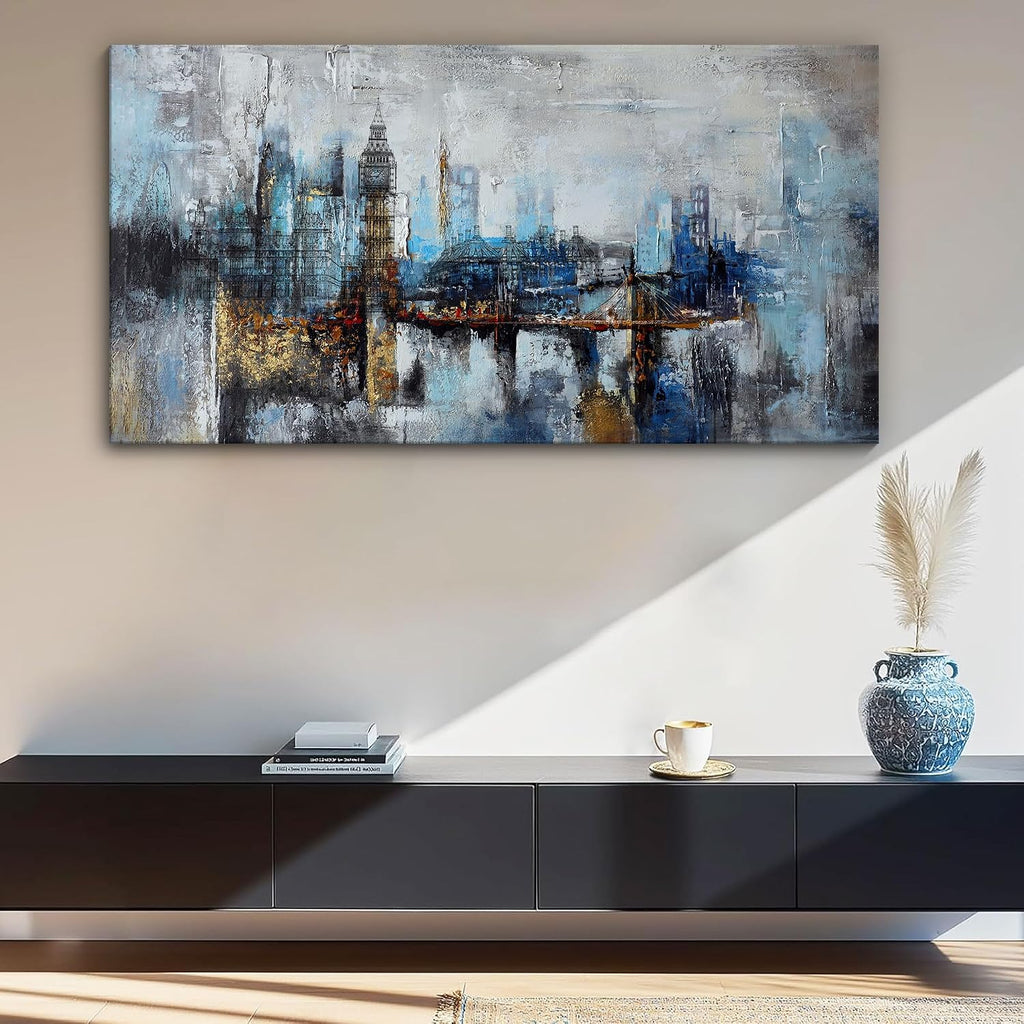 Large Wall Art Abstract City View Canvas Art Modern Home Decor Gray Blue Buildings Prints Wall Art Office Artwork