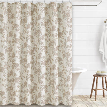 Beige Shower Curtain Floral Cotton Linen Cottagecore Shower Curtain 72" W x 72" L Boho Farmhouse