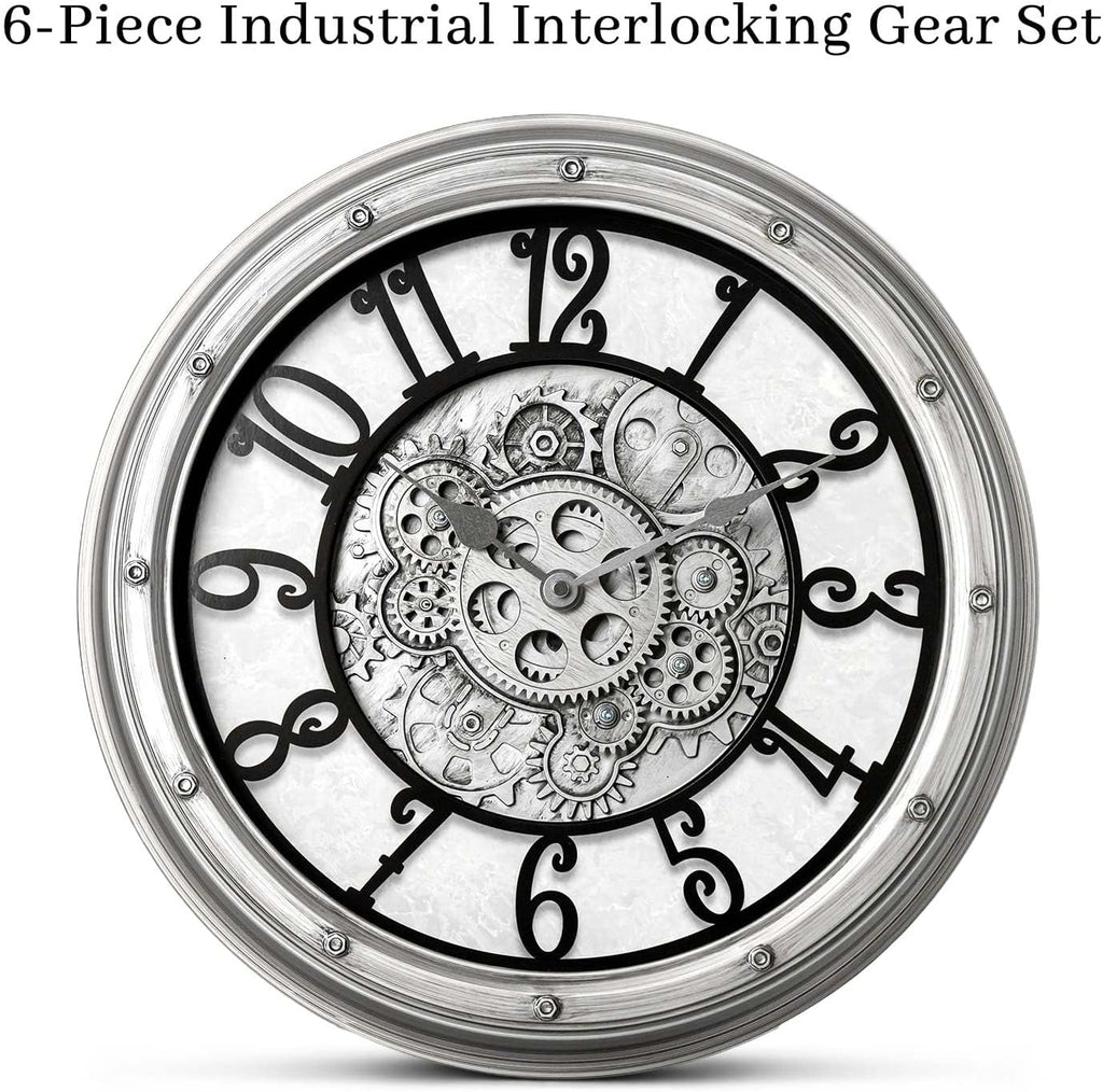 Wall Clock with Moving Gears, Vintage Industrial 16-Inch Silent Non-Ticking Steampunk Timepiece, Retro Frame Analog Battery Operated...