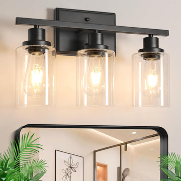 Bathroom Vanity Light Fixtures, 3 Light Wall Sconces Lighting with Clear Glass Shade, Black Wall Lights for Mirror