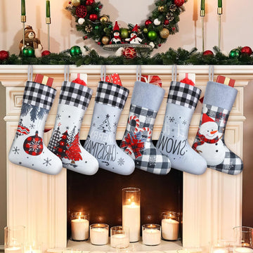 6 Pack Christmas Stockings Bulk 20" Large Embroidered Gray Burlap Buffalo Plaid Hanging Stockings Farmhouse Santa