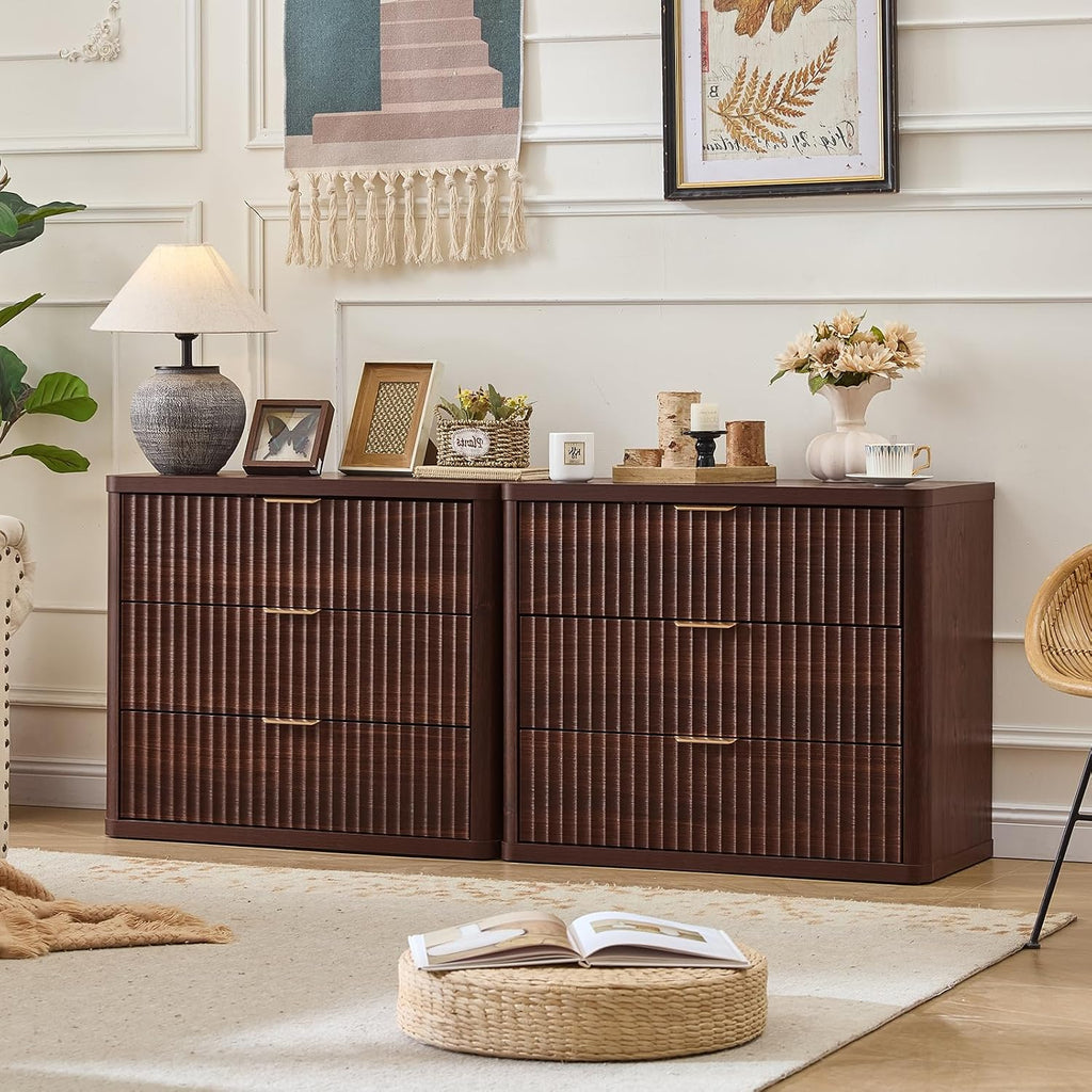 31" Wide Fluted Nightstand, Oversized Extra Large 3 Drawers Night Stand, Walnut Wood Bedside Table,Tall Bed Side End