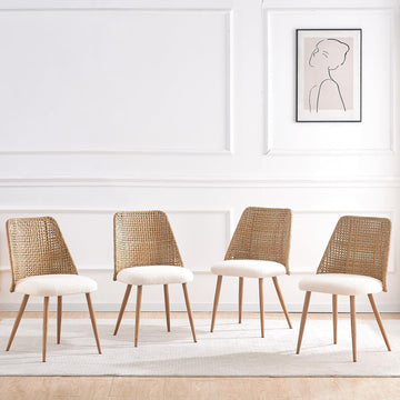 Rattan Dining Chairs Set of 4, Rattan Dining Chairs with Cane PE Rattan Backrest,Upholstered Boucle Fabric Dining