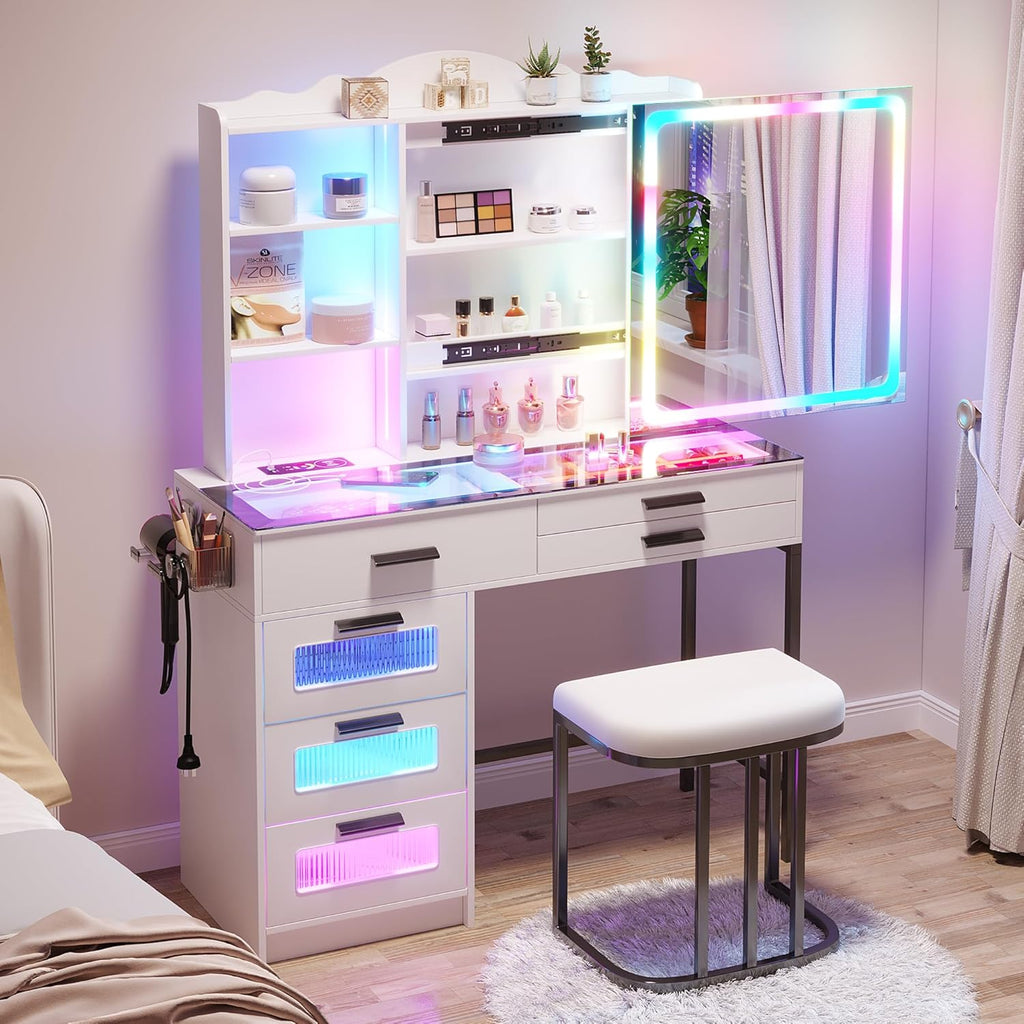 Vanity Desk with Sliding Mirror and Glass Desktop, LED Vanitys Mirror with RGB Lights Desk and Chair, Dressers Table