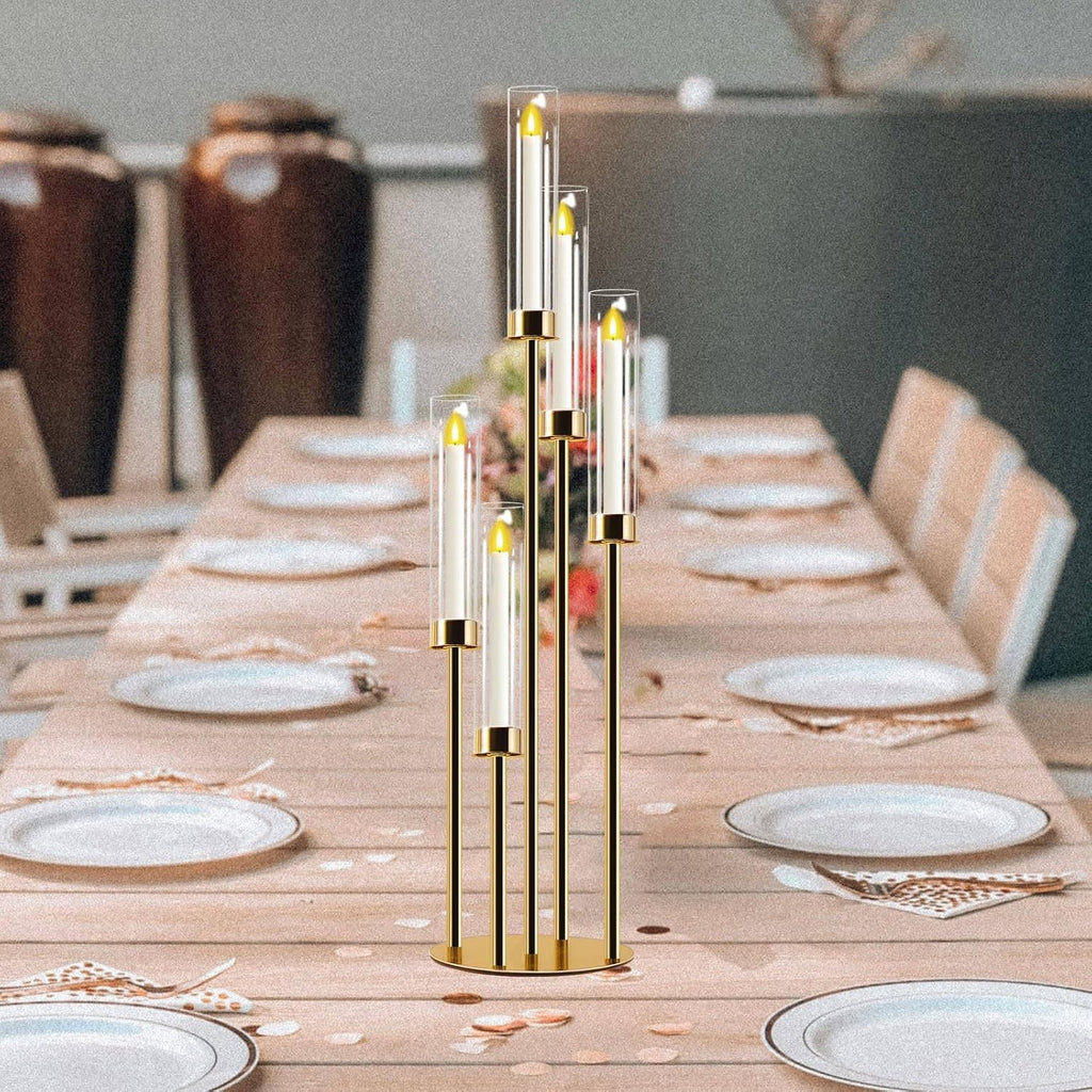 Candelabra Gold Centerpiece 5 Arms Taper Candle Holder Gold Centerpiece with Acrylic Tubes for Table Decoration