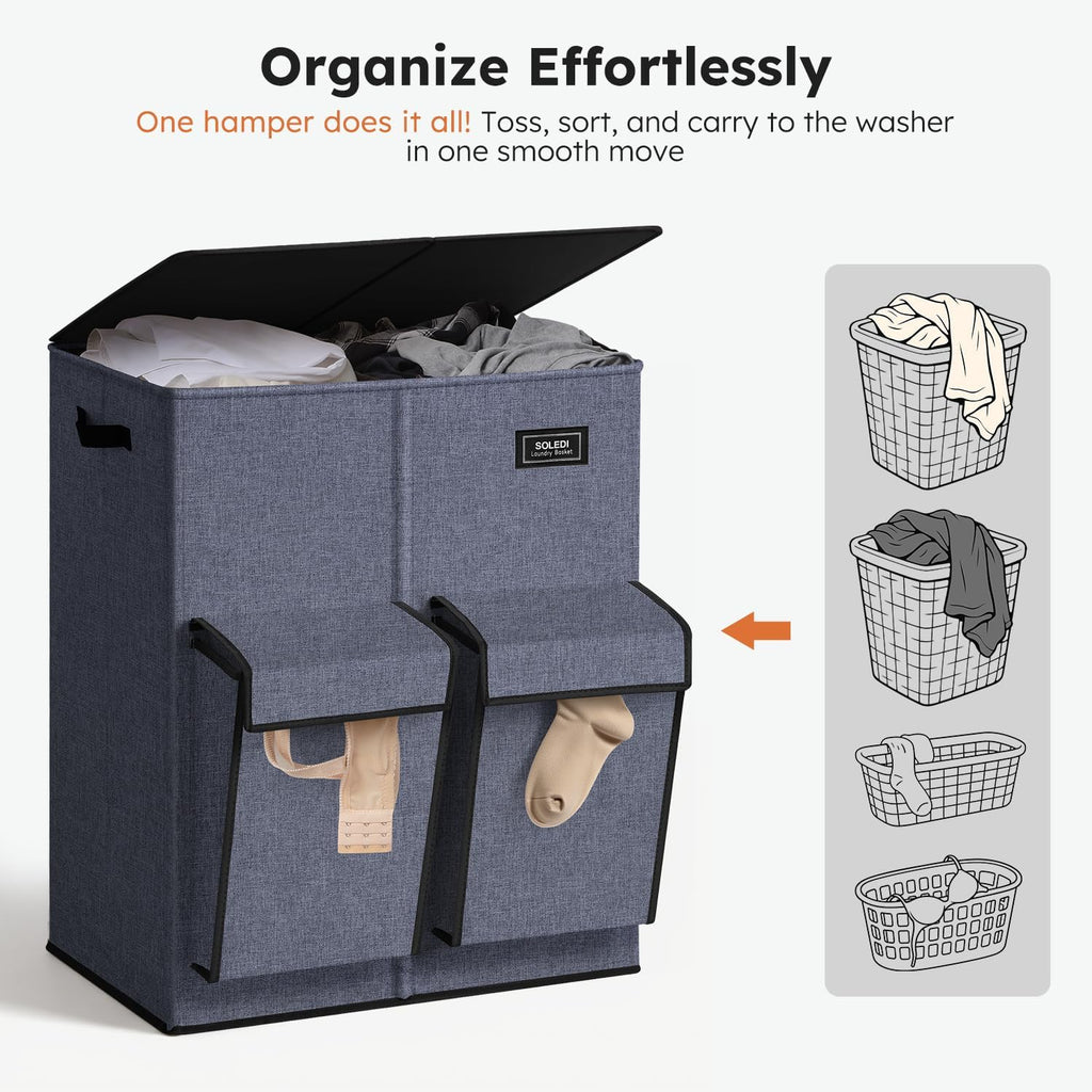 180L Double Laundry Hamper with Lid and 2 Side Pockets, Dual Hamper | 2 Section Laundry Basket, Removable & Washable