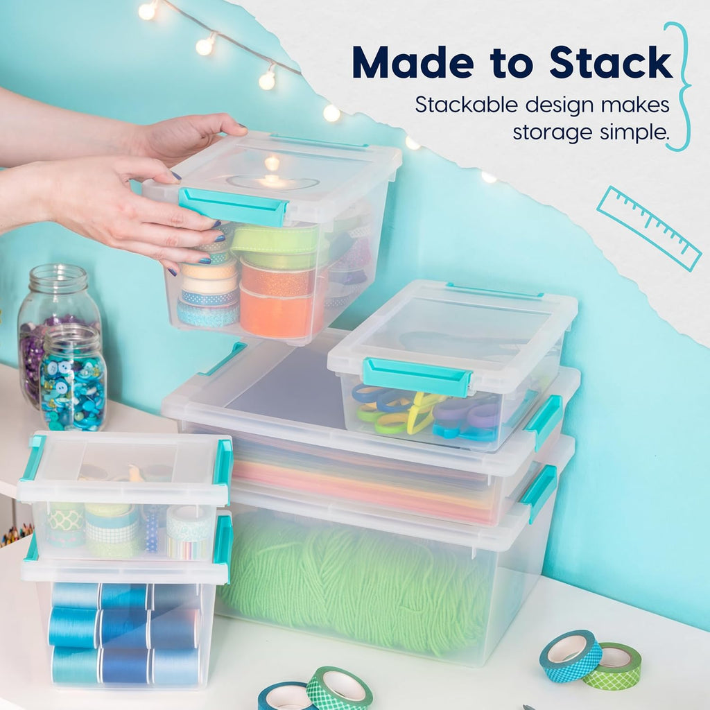 USA Storage Bins with Lids |Made in USA| 6 Qt - (4-Pack) - Clear | Sensory Craft Organizers, Plastic Clip Box Totes