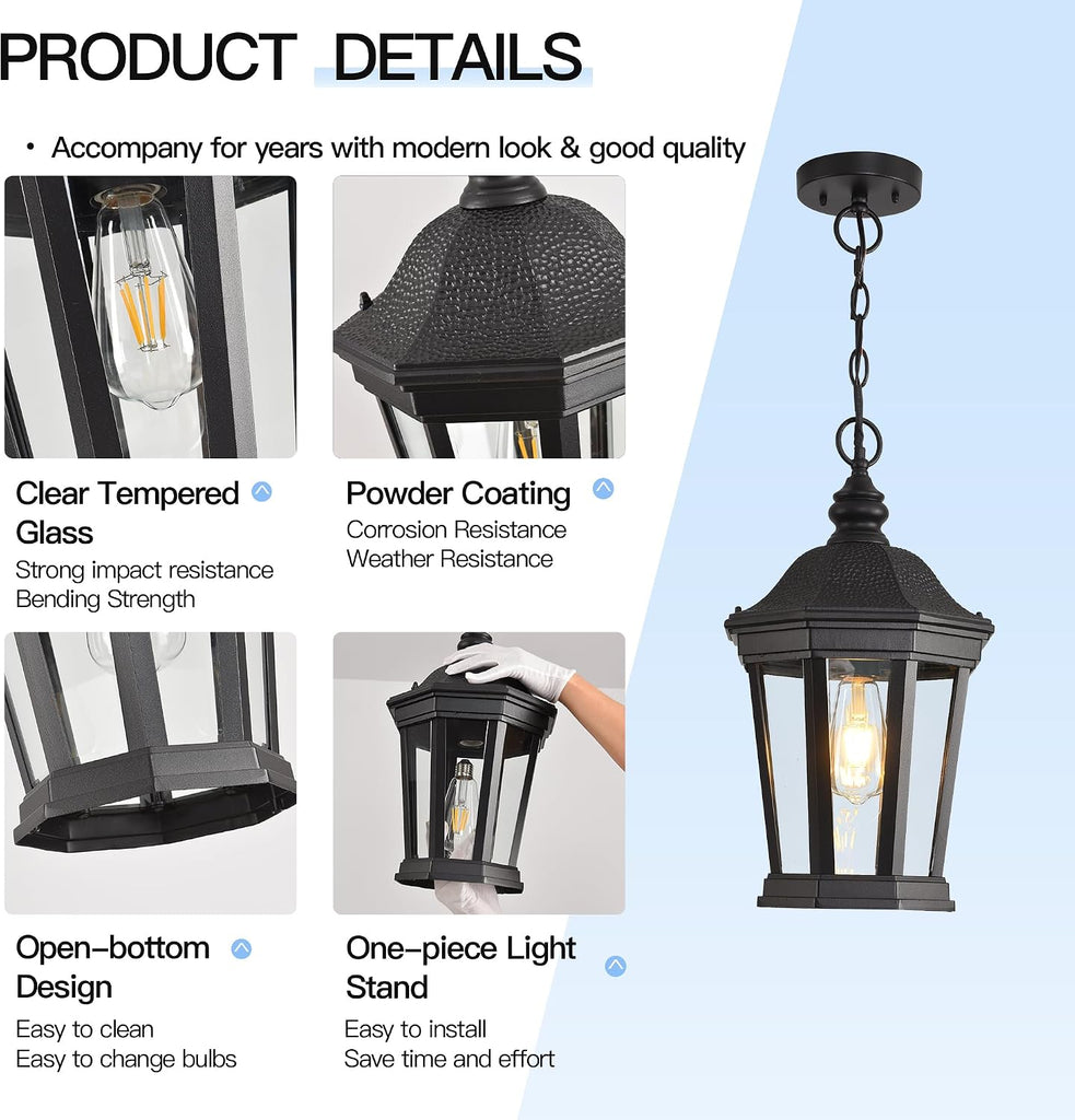 Large Outdoor Pendant Light Fixtures, 17.9" H Black Exterior Hanging Lantern Lights