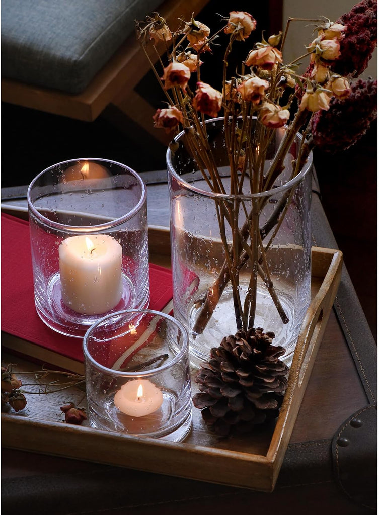 Glass Candle Holders Set, 3 Sizes 8" 5" 3.5" Height | Hurricane Vase Centerpieces, Clear Seeded Bubbles Cylinder For
