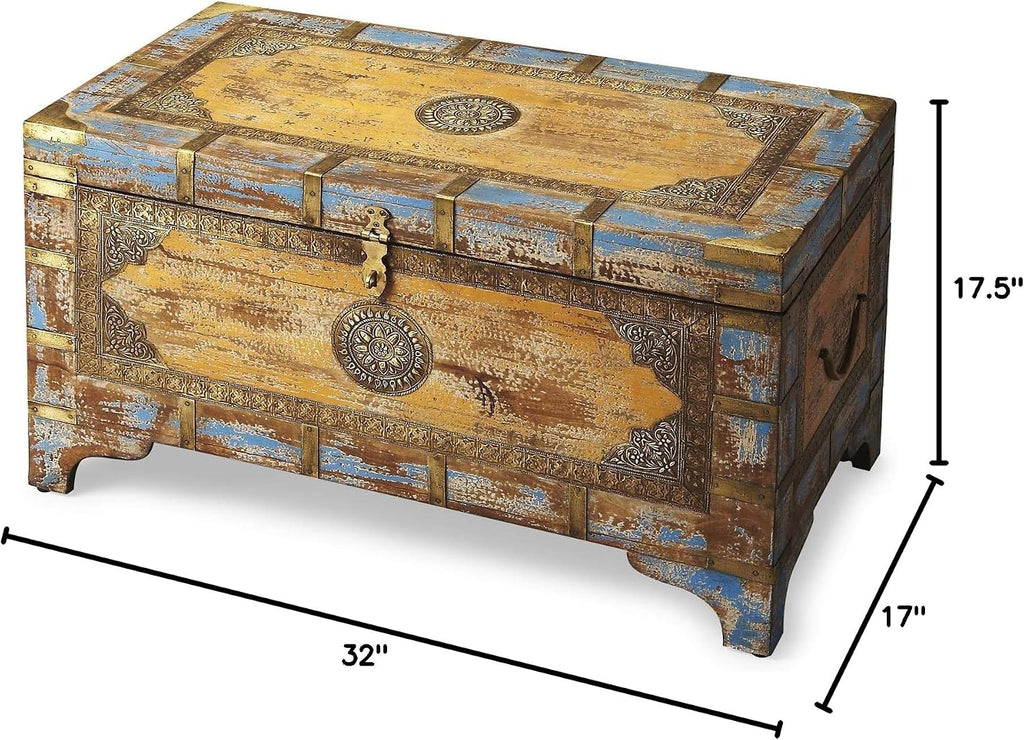 Nador Painted Brass Inlay Steamer Trunk - Large Decorative Storage Chest & Wood Trunk | Vintage Hand Painted Storage