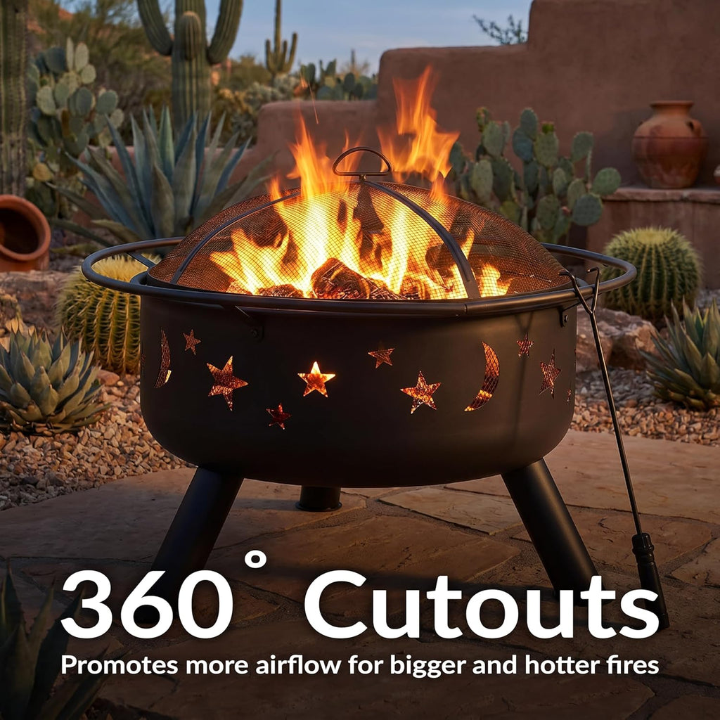 Cosmic 30-Inch Outdoor Fire Pit with Grill Grate, Spark Screen, and Fireplace Poker