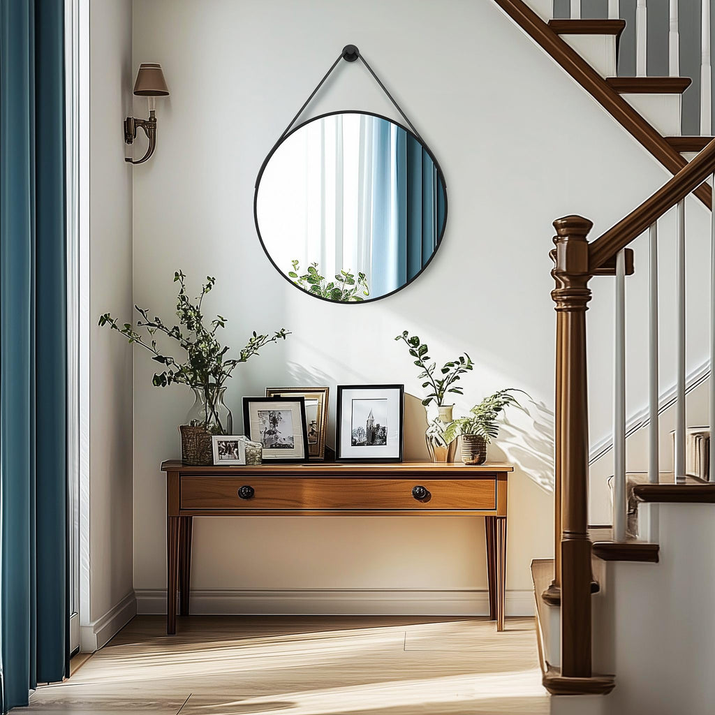 Hanging Strap Wall Mirror: 23.6" Round Bathroom Mirror Black Frame