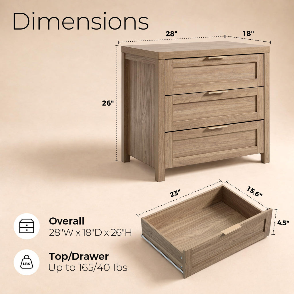 Nightstand, 3 Drawer Bedside Table, Weathered Oak