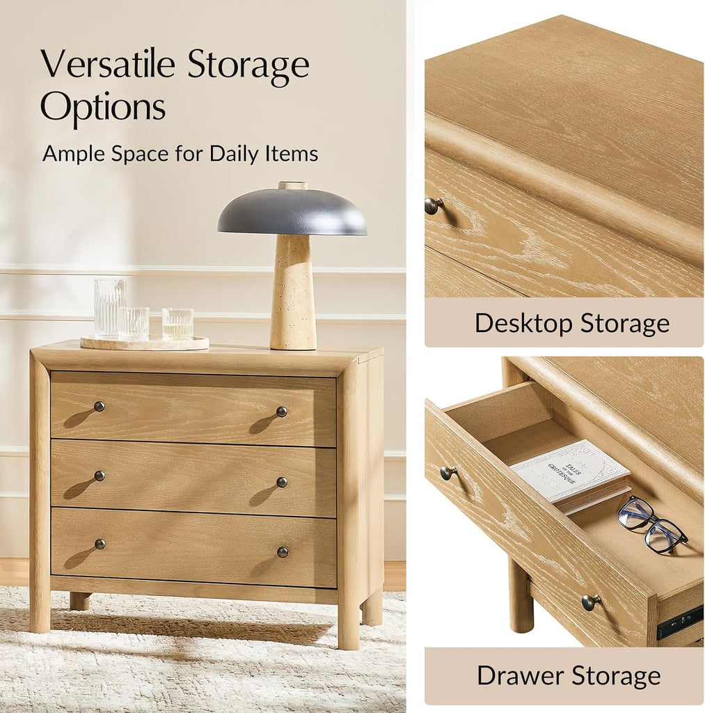 3 Drawer Nightstand with Charging Station, Modern Bedside Table with USB & Type-C Ports, Wood Storage End Table with