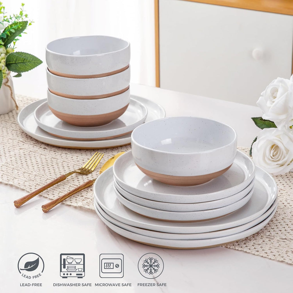 Ceramic Dinnerware Sets for 4, 12 Pieces Handpainted Plates and Bowls Set with Rustic Terracotta Underside