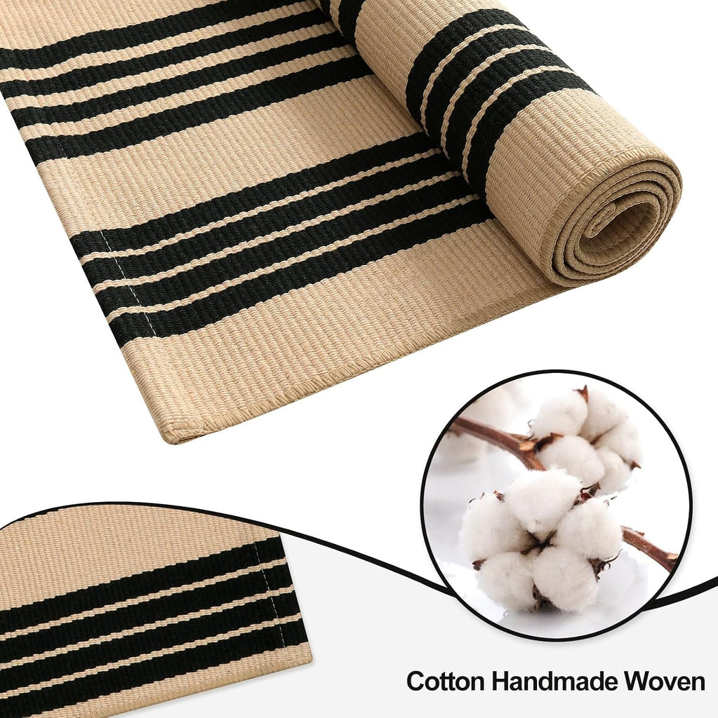 Outdoor Patio Rug 5'x7', Black and Tan Striped Outdoor Rugs Fall Decor
