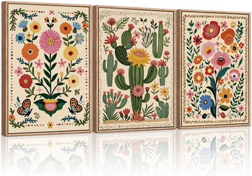Boho Wildflower Wall Art Canvas,Mid Century Floral Wall Art,Butterfly Flower Artwork Watercolor,Cactus Framed