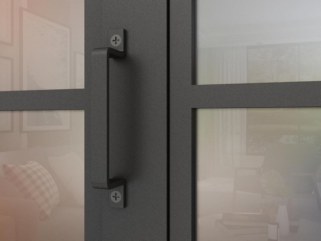 48 in. x 84 in. 3/4 Lites Frosted Glass Black Steel Frame Double Bi-Fold Barn Doors with Hardware Ki
