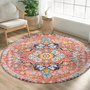 Bohemian Floral Round Area Rug 4ft, Machine Washable Medallion Pink Turkish Oriental Round Rug Non-Slip Boho Circle