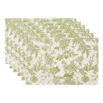 Boho Table Placemats Set of 6, 12"x18" Linen Place Mats, Green Blooms