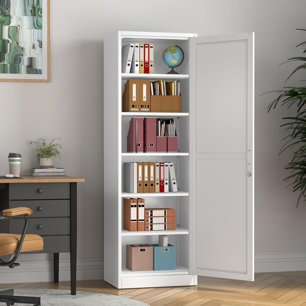 Lockable Tall Pantry Cabinet, Adjustable Shelves, Narrow Storage Cabinet | 1 Lock for Full Cabinet Security, 5