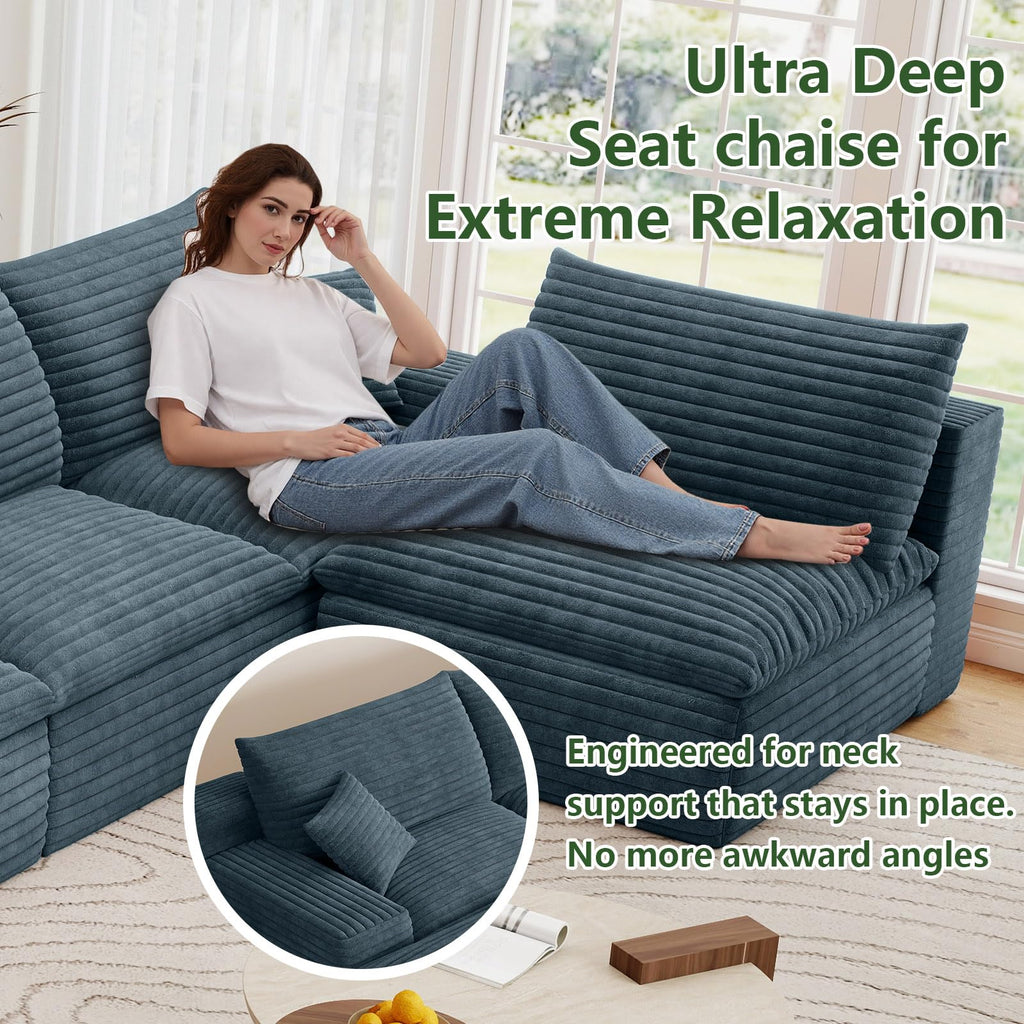 165" Cloud Couch Modular Sectional Sofa, U-Shape Boneless Couch with Deep Seat, Modern Corduroy 7-Seater, No