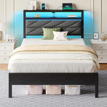 Bed Frame Full with Charging Station, LED Bed with Upholstered Storage Headboard