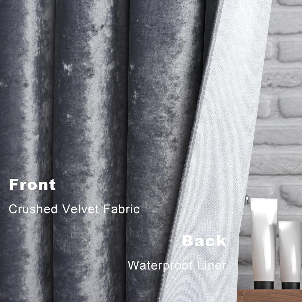 Crushed Velvet Shower Curtain, Grey, 72" x 72" | Coordinating Nickle Grommets and Hooks, Machine Washable, Water