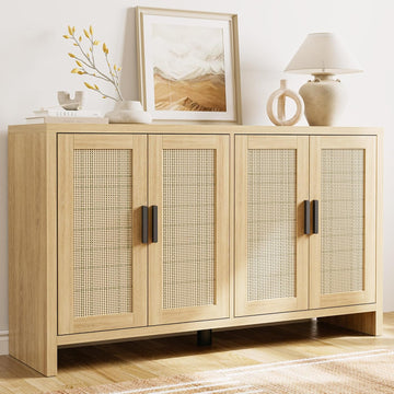Rattan Buffet Cabinet with Storage, Sideboard with Doors, Console Table, Farmhouse Coffee Bar, Modern Wood Long