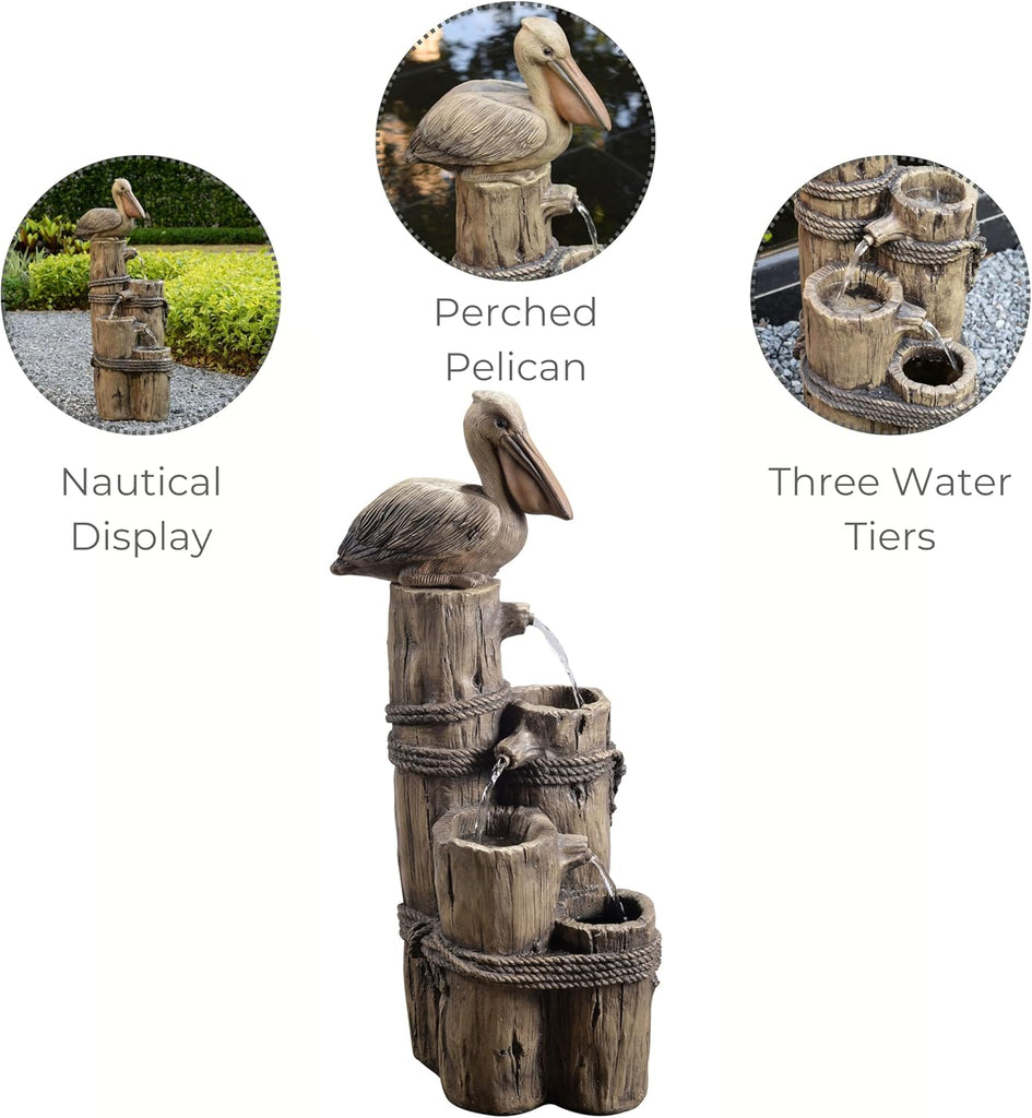 35.42" 4-Tier Pelican and Driftwood Pier Post Outdoor Cascading Water Fountain, Brown