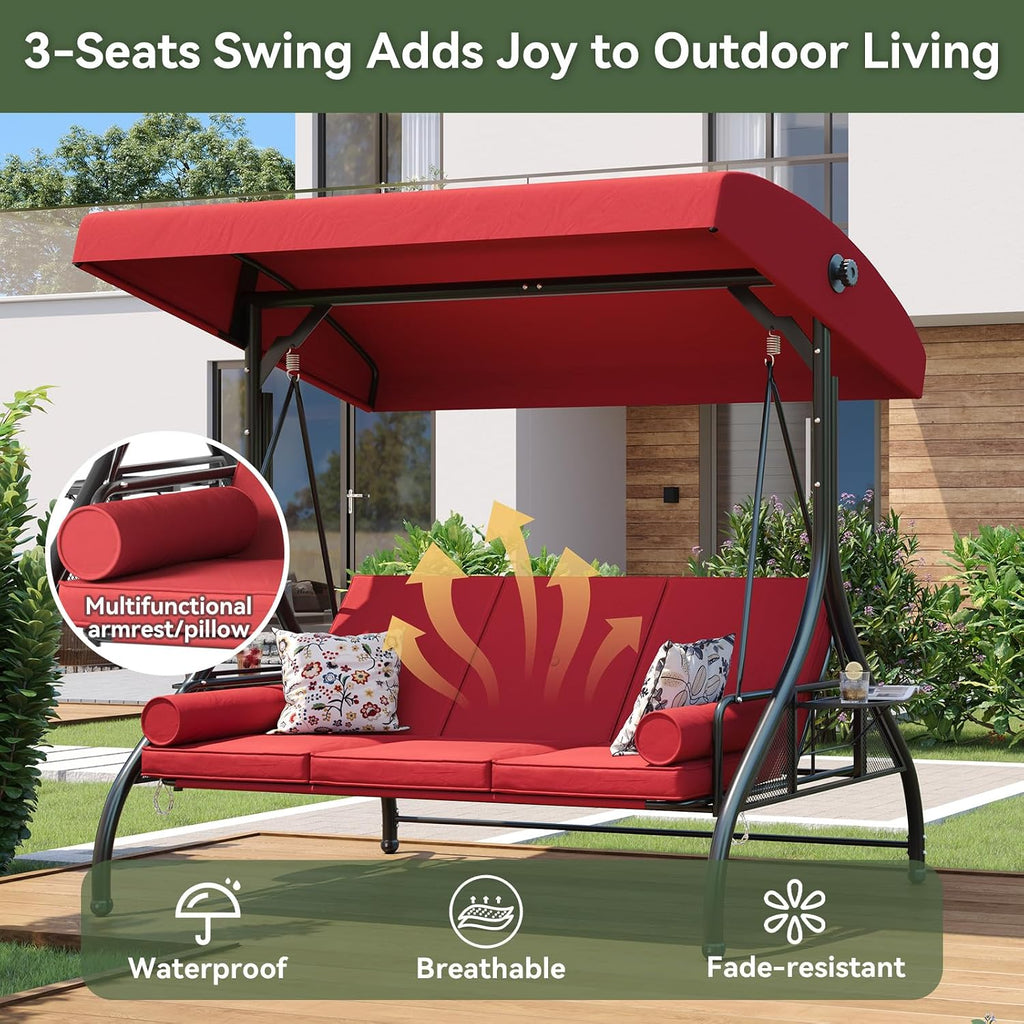Outdoor Porch Swing with Stand and Canopy, 3 Seats Outdoor Swings for Adults, Convertible 2 in 1 Swing Bed with Cup