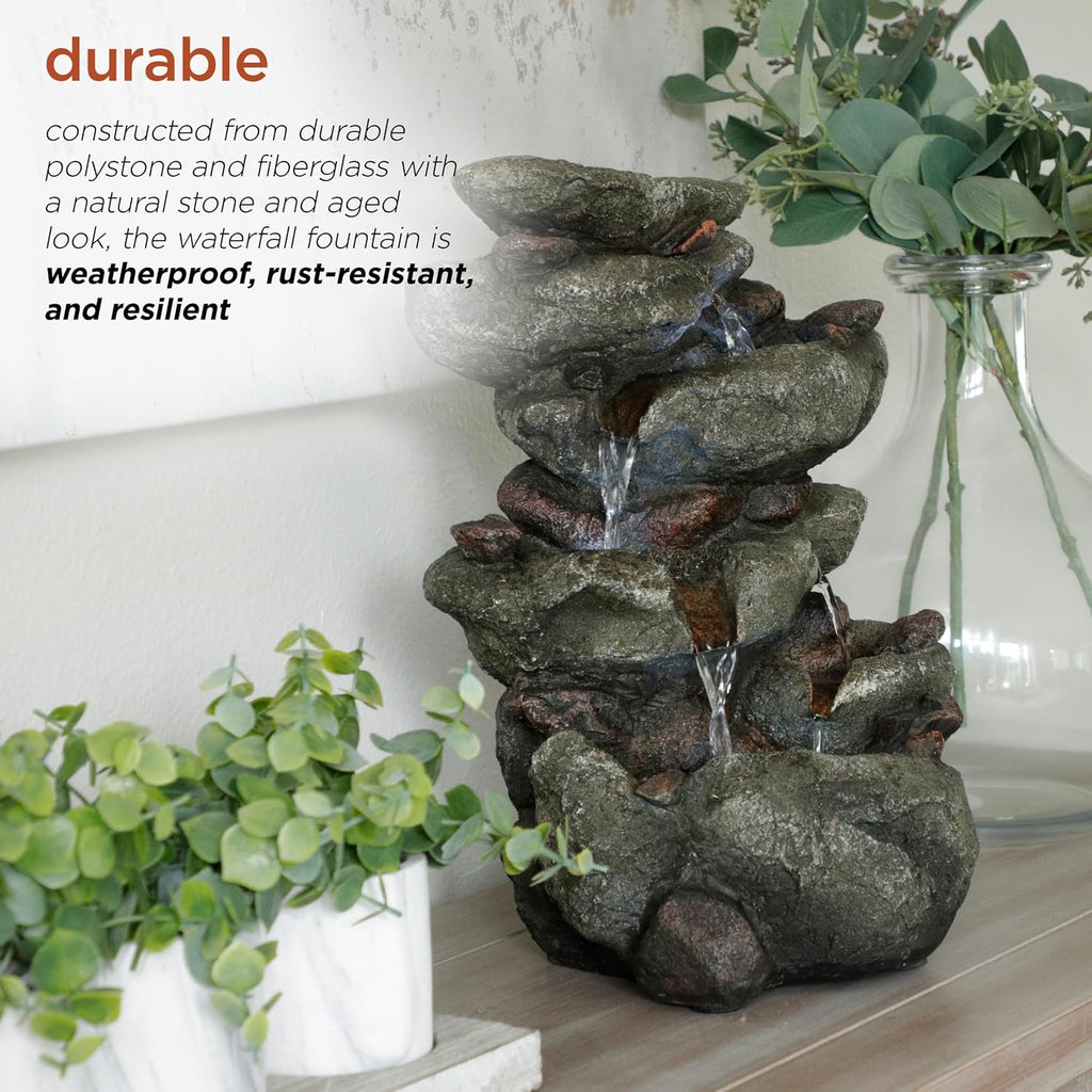 14" Indoor Tabletop Rainforest Rock Water Fountain with LED Lights, Tiered Desktop Fountain and Office Décor, Gray