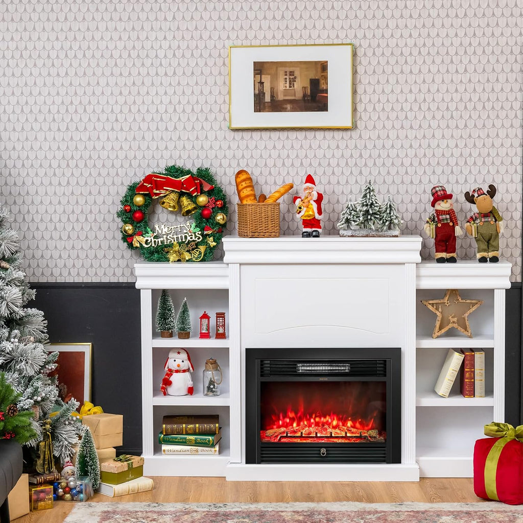 70 Inches Freestanding Mantel Stand, Modern Media Fireplace Cabinet for Living Room Bedroom, Wooden Mantel Console