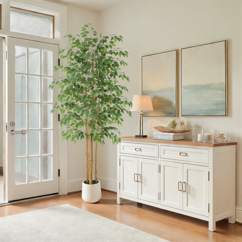 7ft Ficus Tree Artificial with Multi-Real Wood Trunks & White Planter, 84in Realistic Texture Potted Faux Ficus Tree