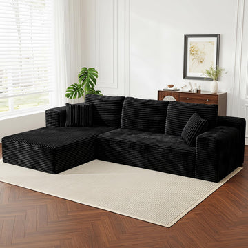 108" L Shaped Boneless Couches, Comfy Modular Deep Seat Compressed Corduroy Sofa, Side Pocket Black, Left Facing