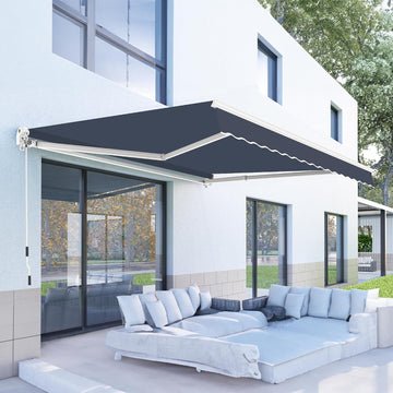 10'x8' Patio Manual Retractable Awning Fully Assembled, Blue | Aluminum Frame, 280G Polyester, Water-Resistant