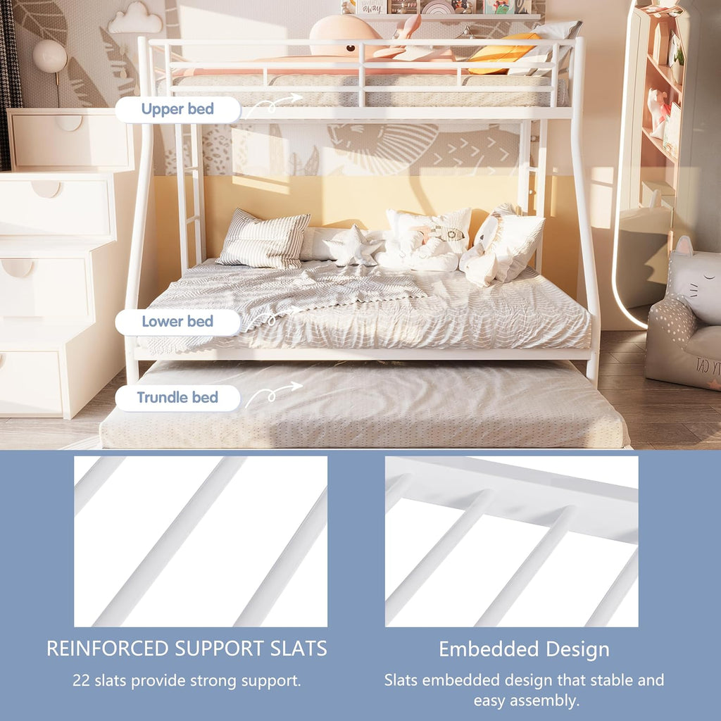 Twin Over Full Bunk Beds with Trundle, Heavy Duty Metal Triple Bunk Bed Frame