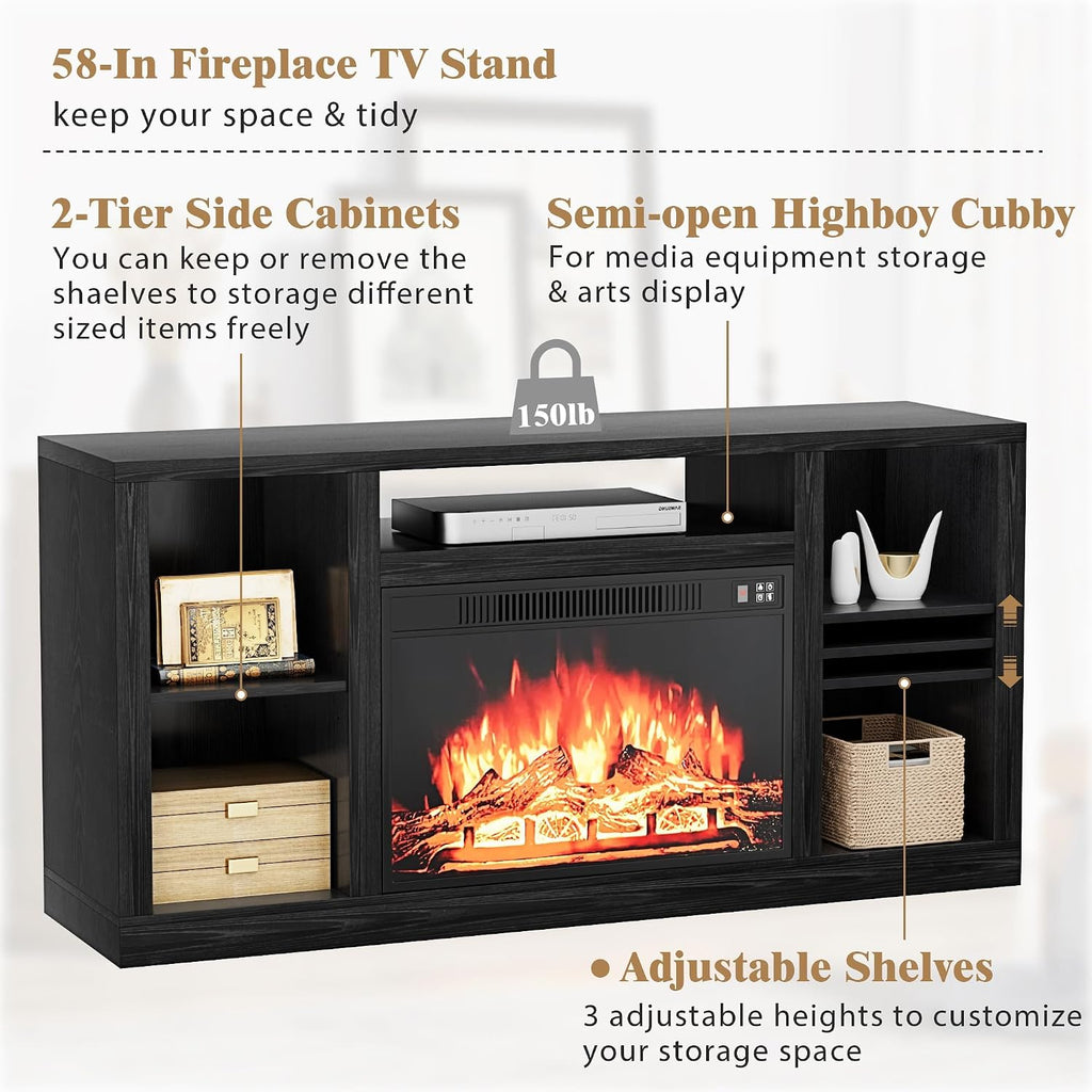 Electric Fireplace TV Stand for Televisions up to 65+ Inch, Media Entertainment Center Console Table with Four Open