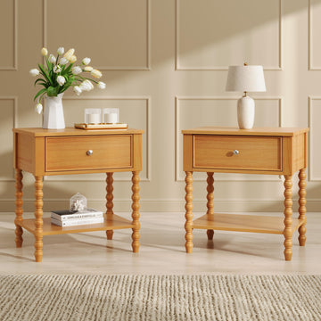 Wood Nightstand Set of 2, Solid Wood Bedside Table, Natural