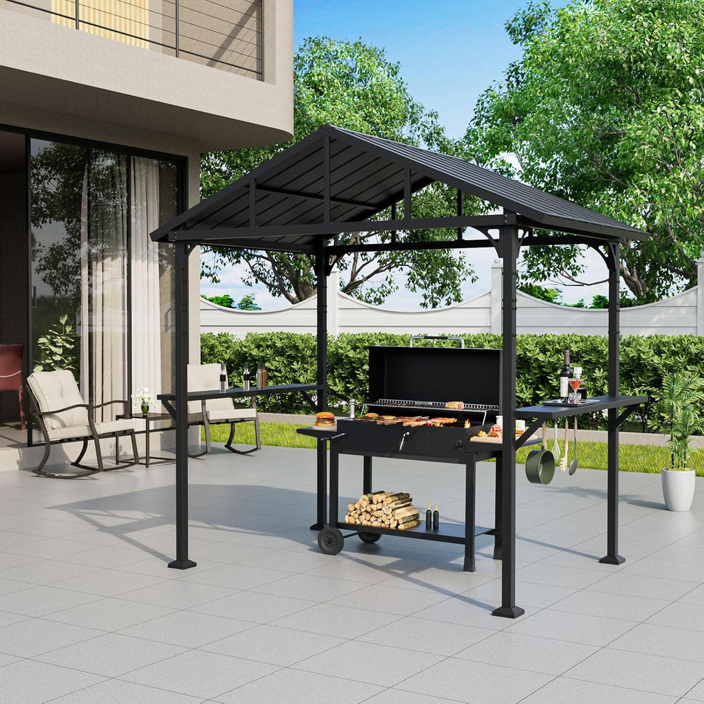 8'x 5' Hardtop Grill Gazebo, Outdoor BBQ Gazebo Metal Roof Canopy with 2 Metal Side Shelves & 5 Tool Hooks for Patio, Garden, Backyard, Poolside (Dark)