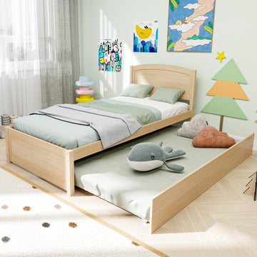 Twin Trundle Bed, Solid Wooden Pull Out Bed Frame, Extendable Day Bed with Headboard and Soild Wood Slats Support