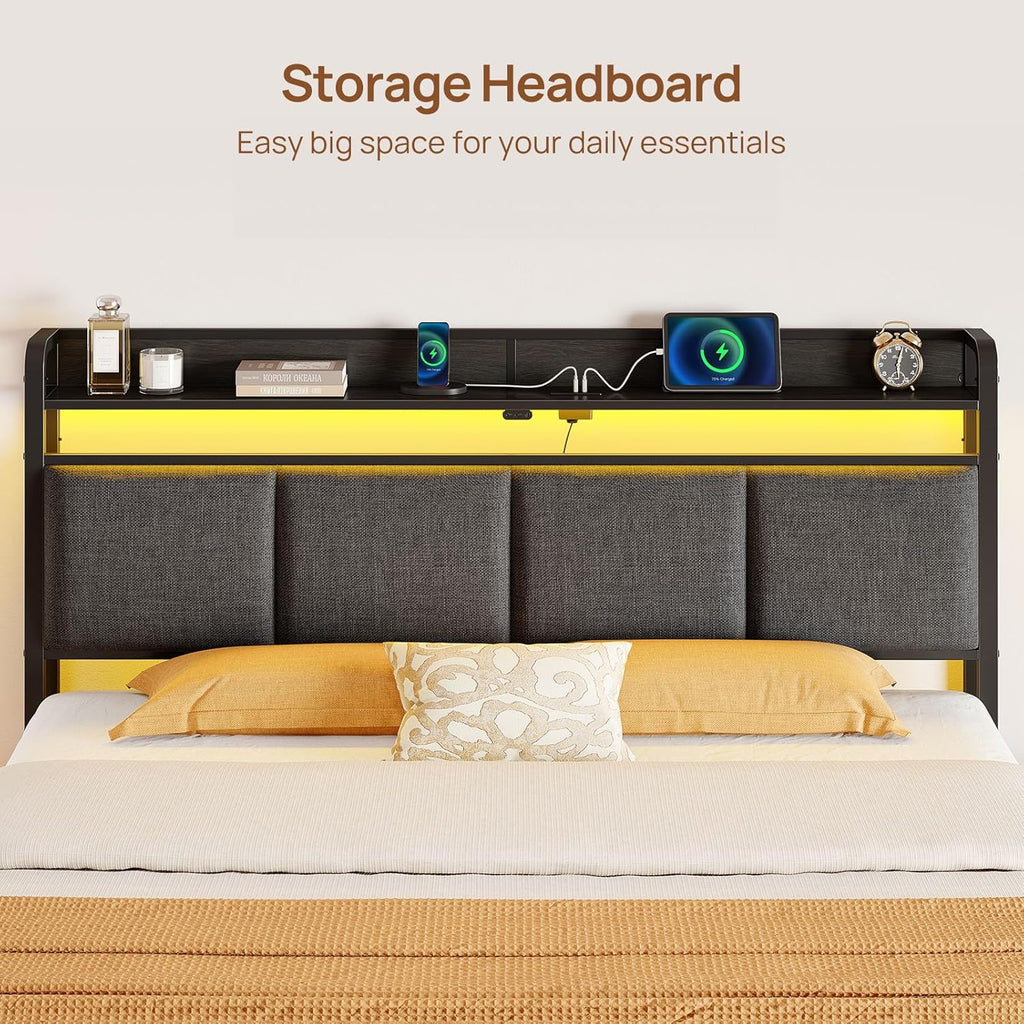 Bed Frame Full with Charging Station and LED Lights, Upholstered Storage Headboard with Drawers