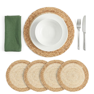 Round Placemats Set of 4, 13 in Two-Tone Woven Corn Husk and Water Hyacinth Table Mats, Charger Plates for Dining