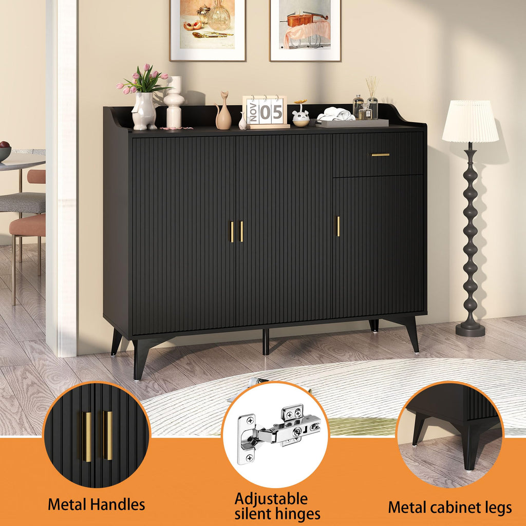Black Sideboard Buffet Cabinet with Storage, 47" Fluted Sideboard